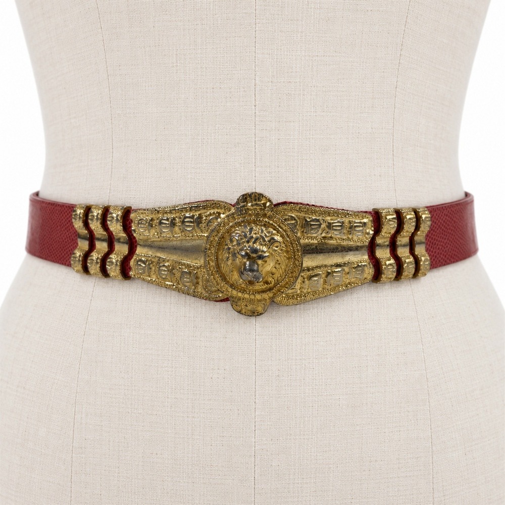 Judith Leiber Lion Head Belt 38in Red Lizard Embossed Leather Vintage READ
